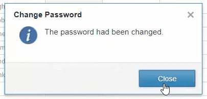 Screenshot of a pop-up notification for “Change Password” showing password has been changed.