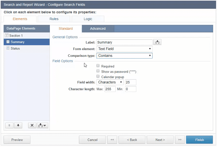 Screenshot of the “Search and Report Wizard – Configure Select Fields” menu.