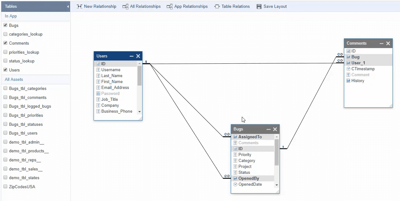 Screenshot of Caspio’s app builder. It shows the “Tables” section and shows the relationship between items under different tables through connecting lines.