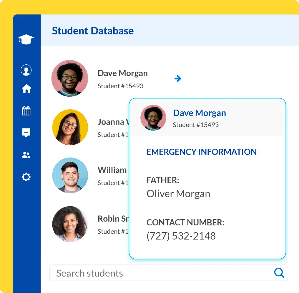 Student database with emergency information