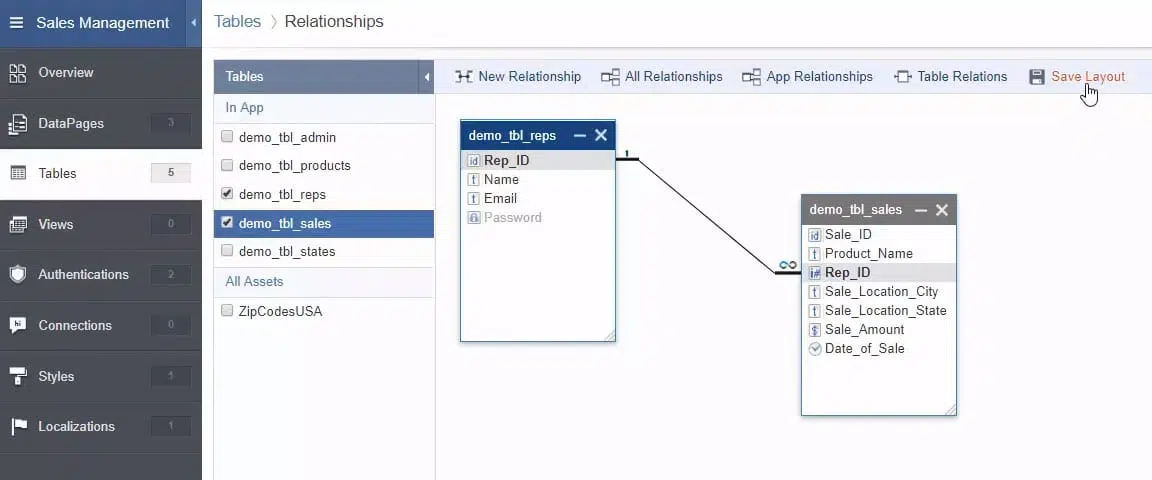 A screenshot of Caspio’s app builder. It shows the “Tables” section and is opened at the “Relationships” tab. There are two windows corresponding to two tables; a line connects the sample item “Rep_ID” under one table to sample item “Rep_ID” under another table, showing the relationship between the two objects.