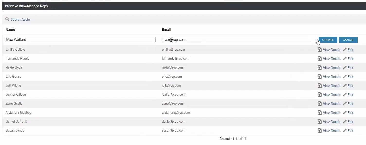Screenshot of a preview of a sample sales app database called “View/Manage Reps”, showing a table of sample names and corresponding information.