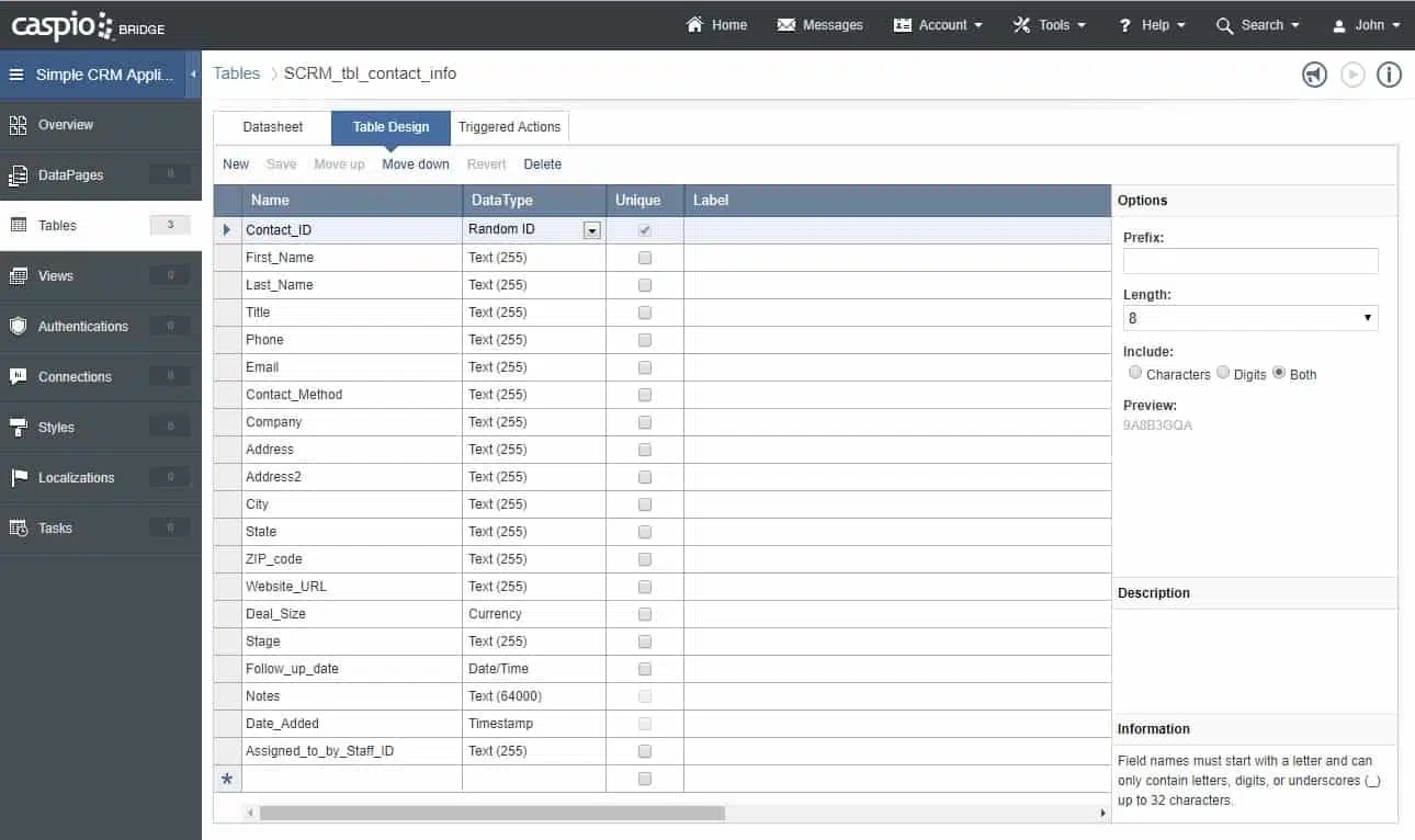 Screenshot of Caspio’s app builder. It shows the “Tables” section and is opened at the “Tables Design” tab.