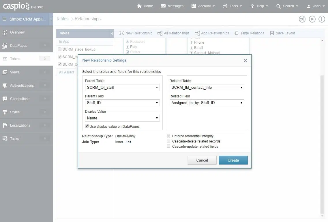 A screenshot of Caspio’s app builder. It shows the “Tables” section behind the “New Relationship Settings” pop-up menu.