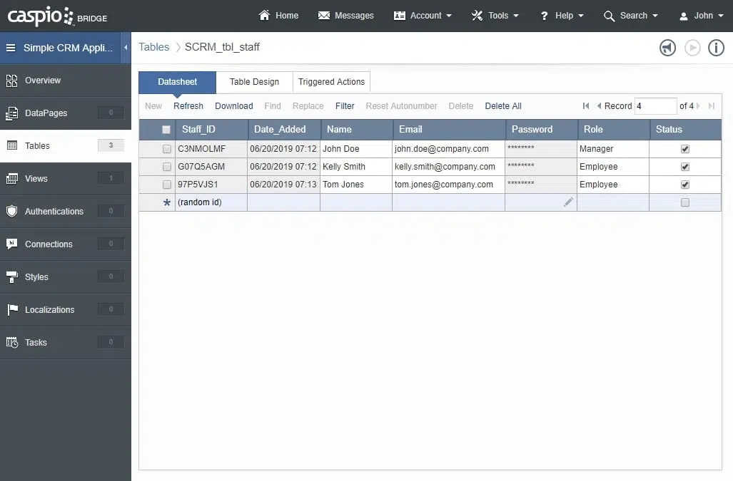 Screenshot of Caspio’s app builder. It shows the “Tables” section and is opened at the “Datasheet” tab.
