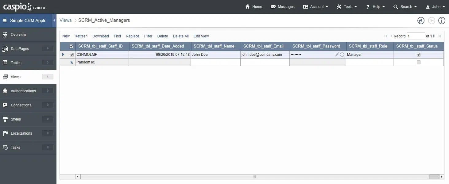 Screenshot of Caspio’s app builder. It shows the “Views” section, opened at the sample file, “SCRM_Active_Managers”.
