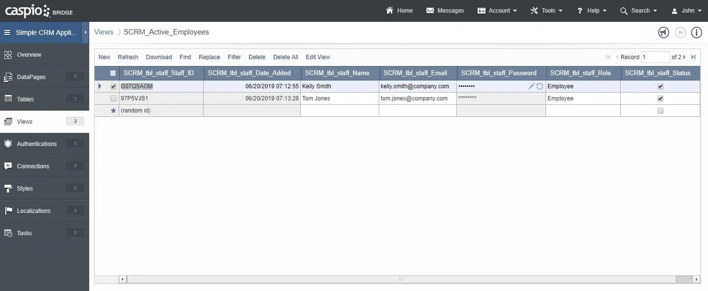 Screenshot of Caspio’s app builder. It shows the “Views” section, opened at the sample file, “SCRM_Active_Employees”.