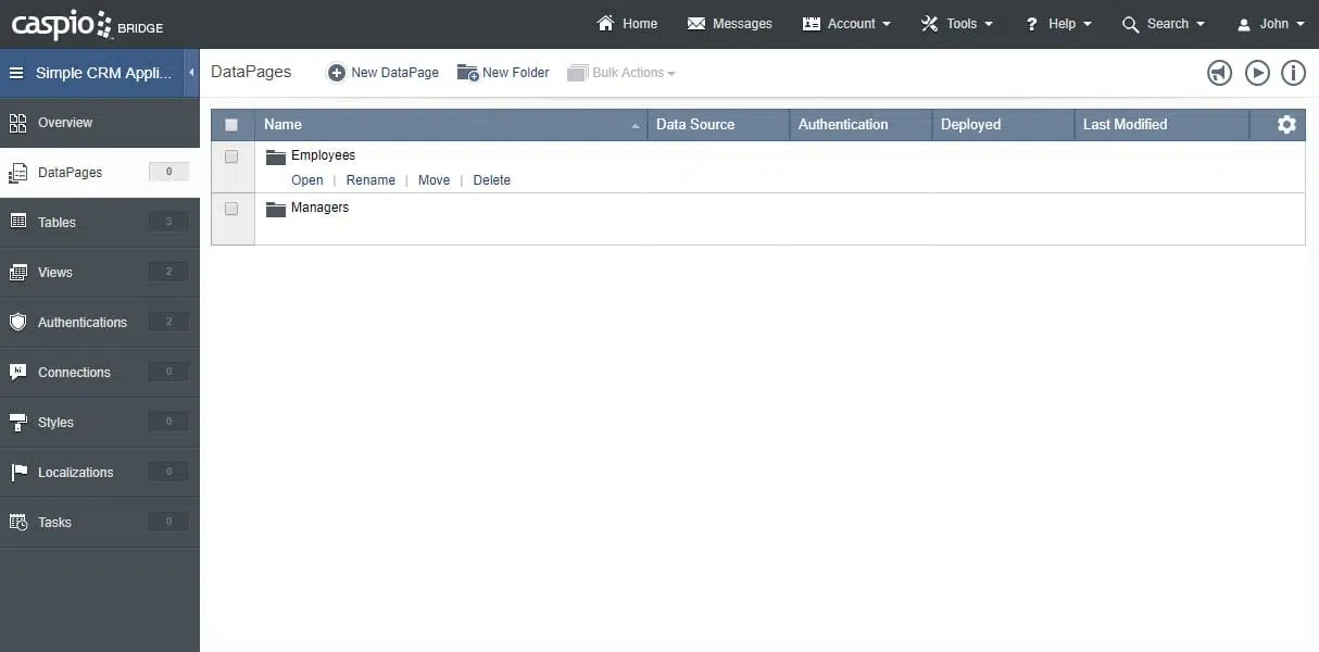 Screenshot of Caspio’s app builder. It shows the “DataPages” section. There are two entries titled “Employees” and “Managers”.