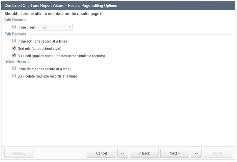 Screenshot of the “Combined Chart and Report Wizard – Results Page Editing Options” menu. 