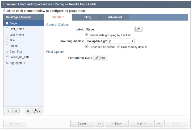 Screenshot of the “Combined Chart and Report Wizard – Configure Results Page Fields” menu. It is opened at the “Standard” tab. 