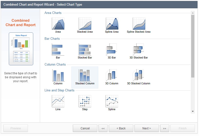 Screenshot of the “Combined Chart and Report Wizard – Configure Fields for Bulk Edit” menu. Under the “Elements” section, it is opened at the “Standard” tab. 
