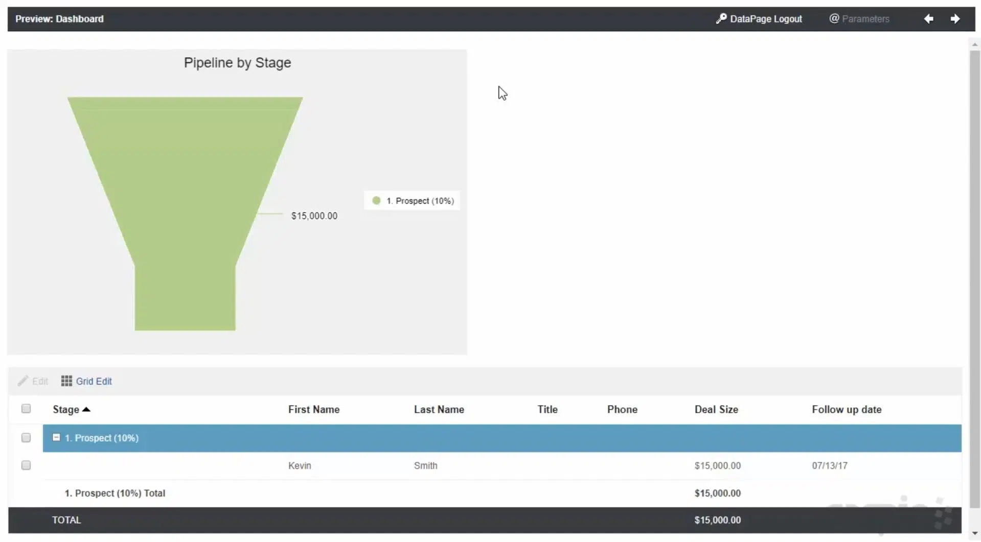 Screenshot showing a preview of the sample dashboard. It displays a graph and a table.