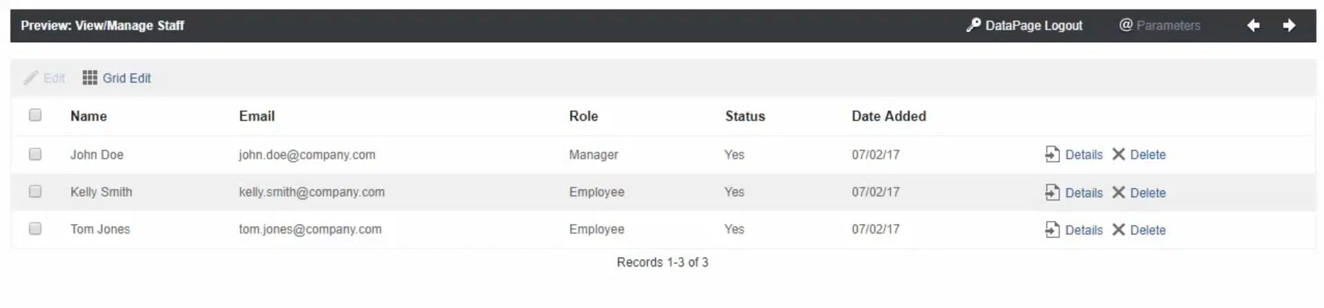 Screenshot of a preview for a sample section titled “View/Manage Staff”. It shows a table containing a list of users.