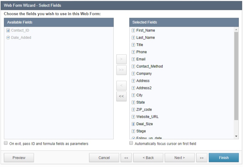 Screenshot of the “Web Form Wizard – Select Fields” menu. 