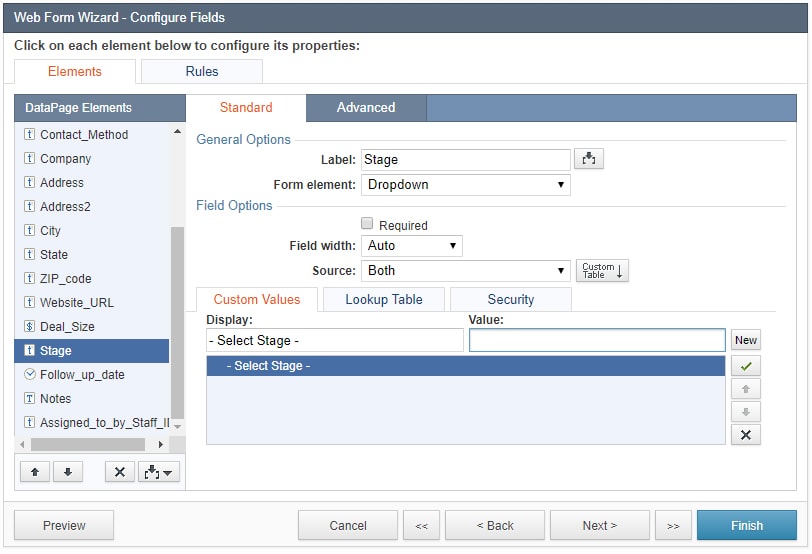 Screenshot of the “Web Form Wizard – Configure Fields” menu. Under the “Elements” section, it is opened at the “Standard” tab. 