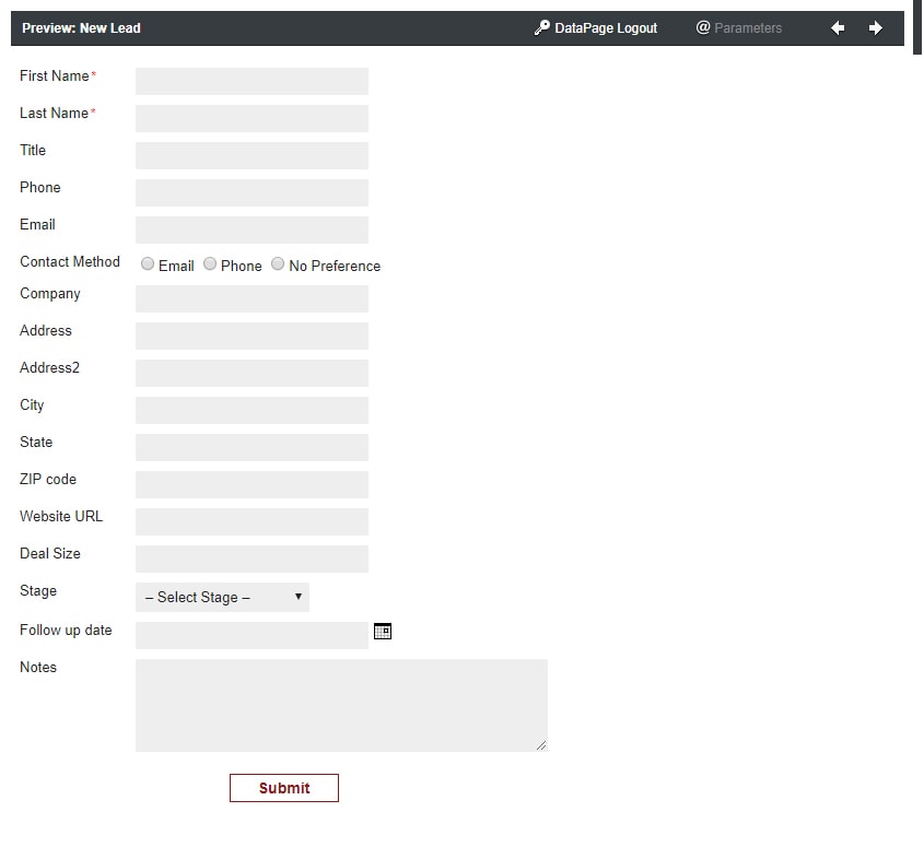 Screenshot showing a preview of a form made on Caspio titled “Preview: New Lead”. 