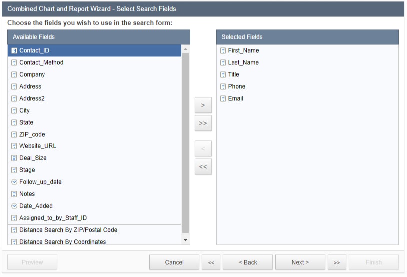 Screenshot of the “Combined Chart and Report Wizard – Select Search Field” menu. 