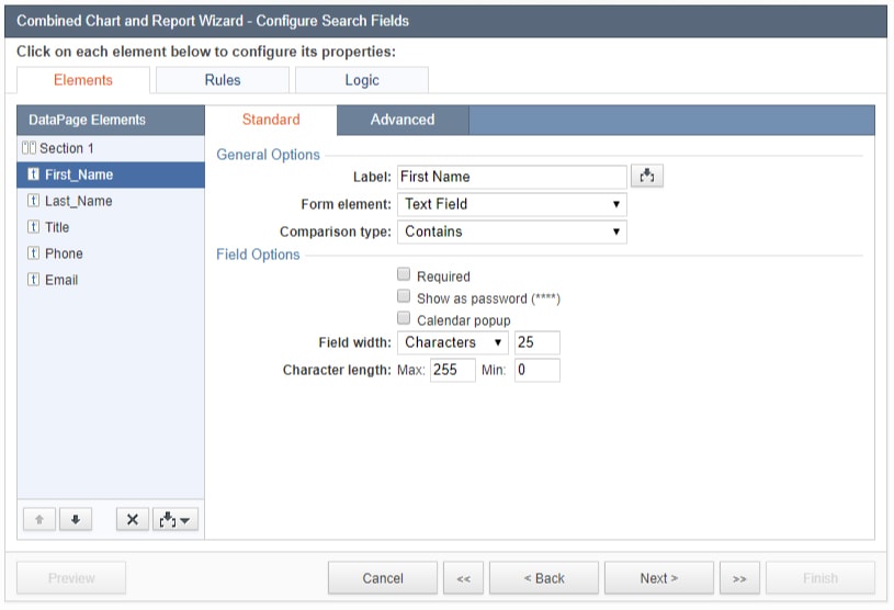 Screenshot of the “Combined Chart and Report Wizard – Configure Search Field” menu. Under the “Elements” section, it is opened at the “Standard” tab. 