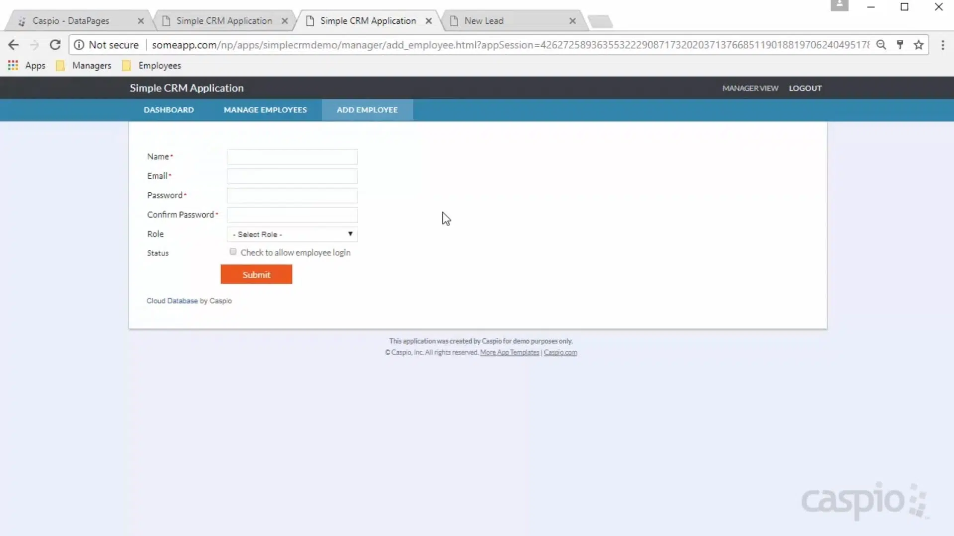 Screenshot of a sample CRM application designed on Caspio. It shows an “Add Employee” interface, featuring a form.