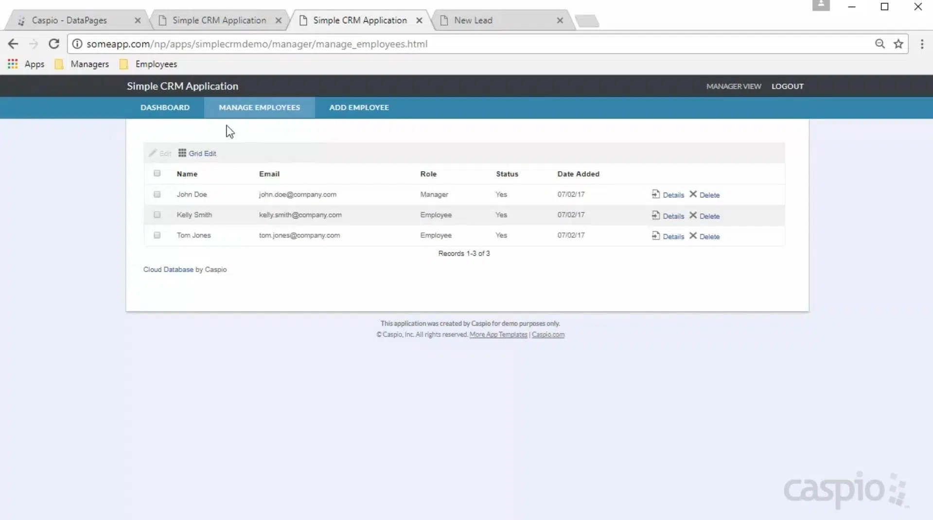 Screenshot of a sample CRM application designed on Caspio. It shows a “Manage Employee” interface, featuring a table containing relevant information.