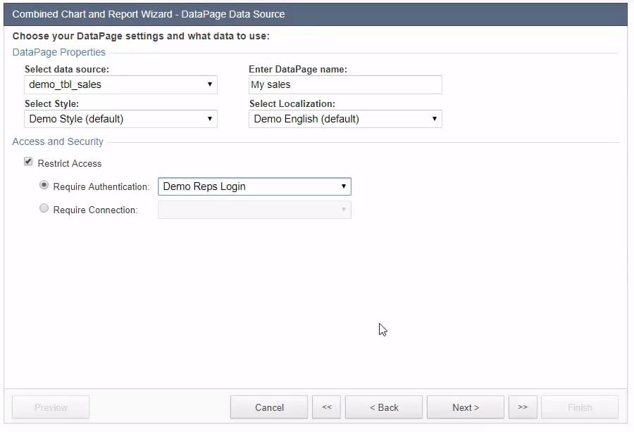 Screenshot of the “Combined Chart and Report Wizard – DataPage Data Source” menu.