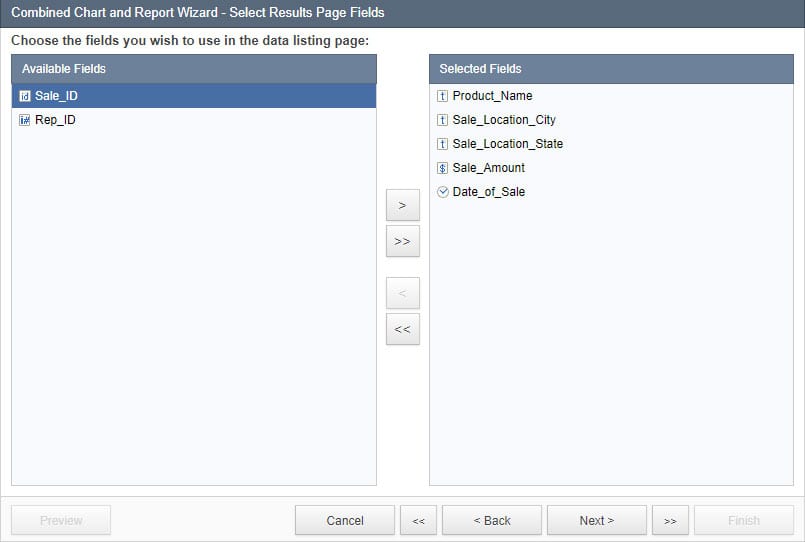 Screenshot of the “Combined Chart and Report Wizard – Search Results Page Fields” menu.