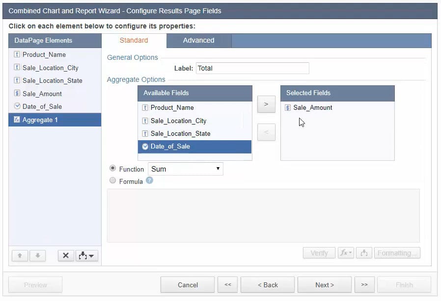 Screenshot of the “Combined Chart and Report Wizard – Configure Search Field” menu. Under the “Elements” section, it is opened at the “Standard” tab.