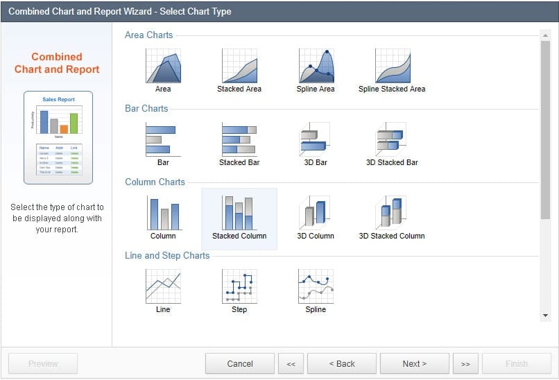 Screenshot of the “Combined Chart and Report Wizard – Select Chart Type” menu.