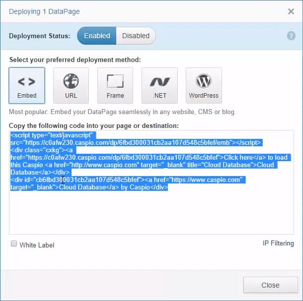 Screenshot of the “Deploying 1 DataPage” menu.