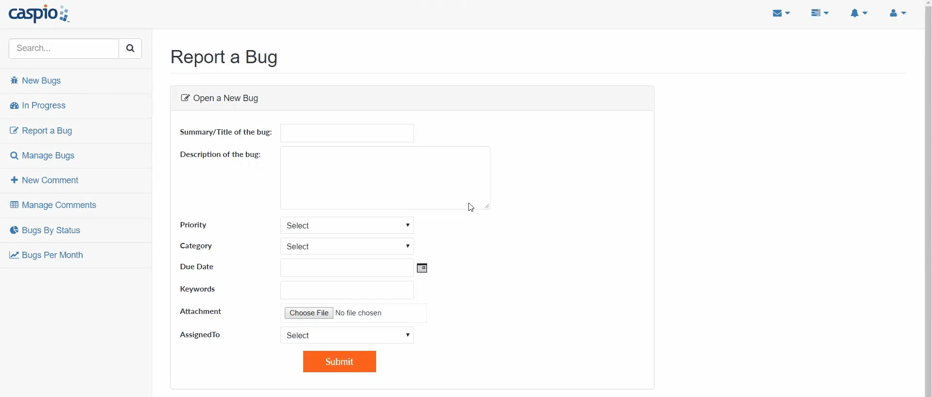 Screenshot of a sample app made on Caspio where users can report a bug by submitting a form.