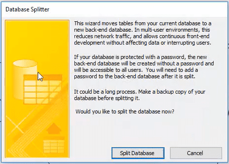 Screenshot of the Database Splitter pop-up window.