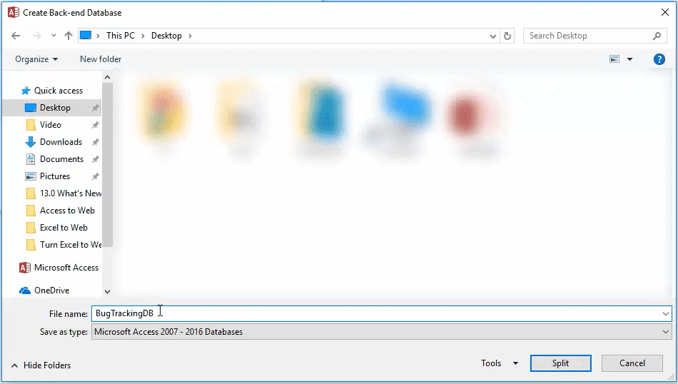 Screenshot of a Window’s File Explorer window, showing the user saving an MS Access document.