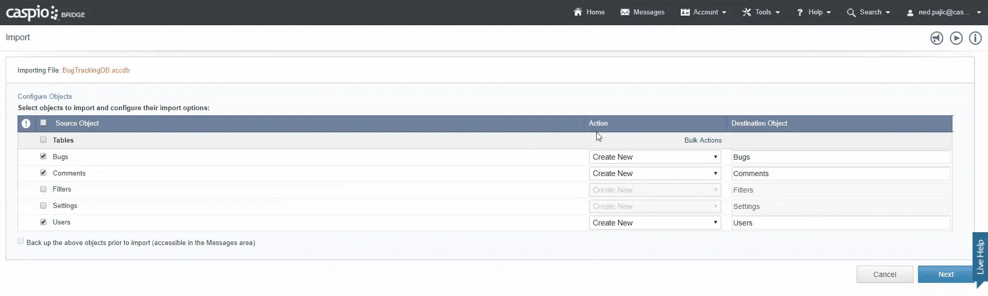 Screenshot of the “Import” tool on the Caspio app builder. It shows the “Configure Objects” step.