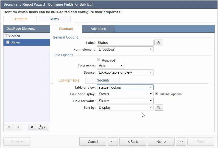 Screenshot of the “Search and Report Wizard – Configure Fields for Bulk Edits” menu.