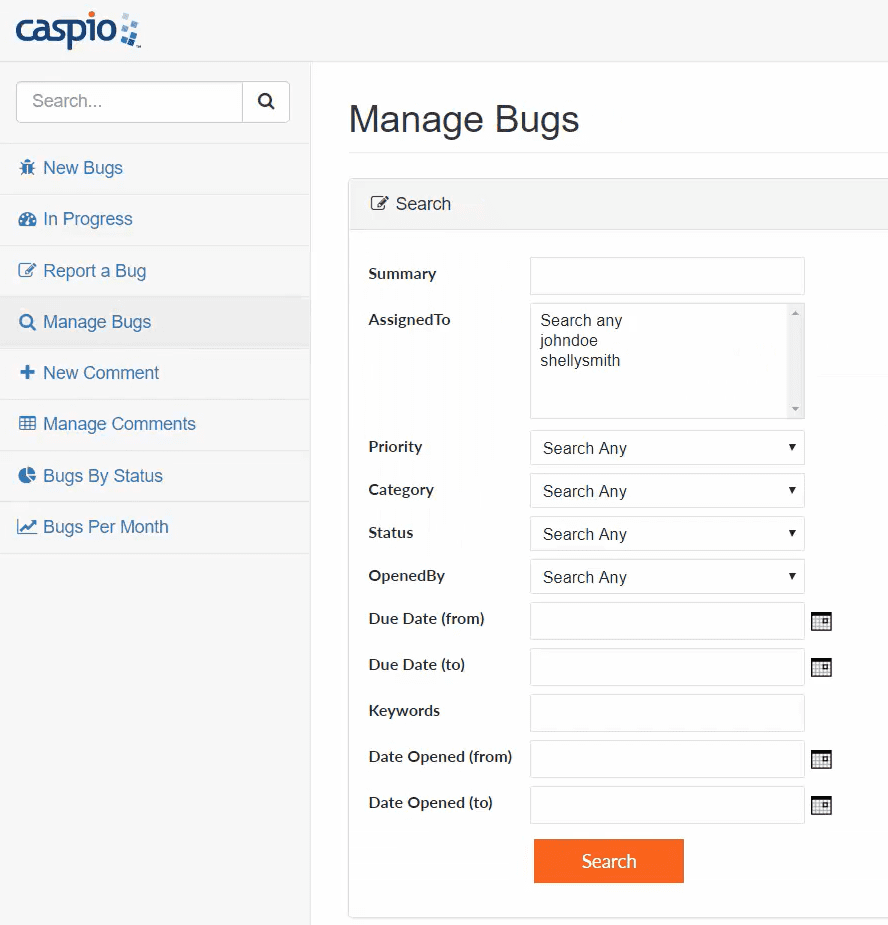 Screenshot of a sample of a live Caspio DataPage titled “Manage Bugs”.