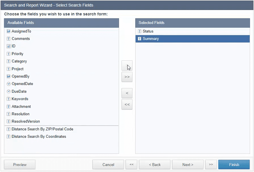 Screenshot of the “Search and Report Wizard – Search Select Fields” menu.