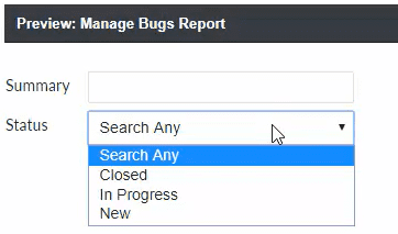 Screenshot of a sample preview of a search tool titled “Manage Bugs Report”.