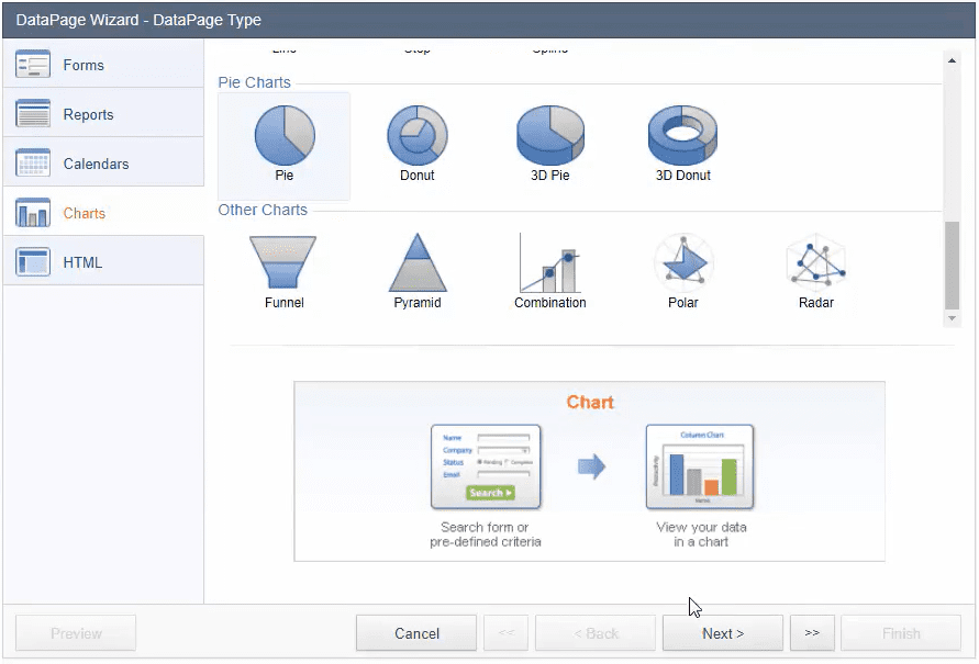 Screenshot of the “DataPage Wizard – DataPage Type” menu. It shows the “Charts” tab.