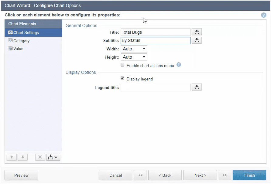 Screenshot of the “Chart Wizard – Configure Chart Options” menu. It shows the “Chart Elements” step, on the “Chart Settings” panel.