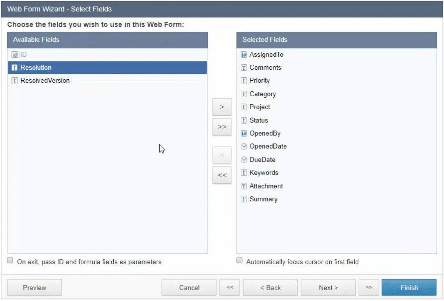Screenshot of the “Web Form Wizard – Select Fields” menu.