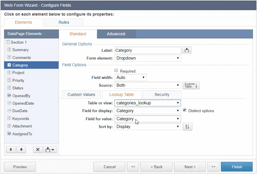 Screenshot of the “Web Form Wizard – Configure Fields” menu. It shows the “Elements” tab.