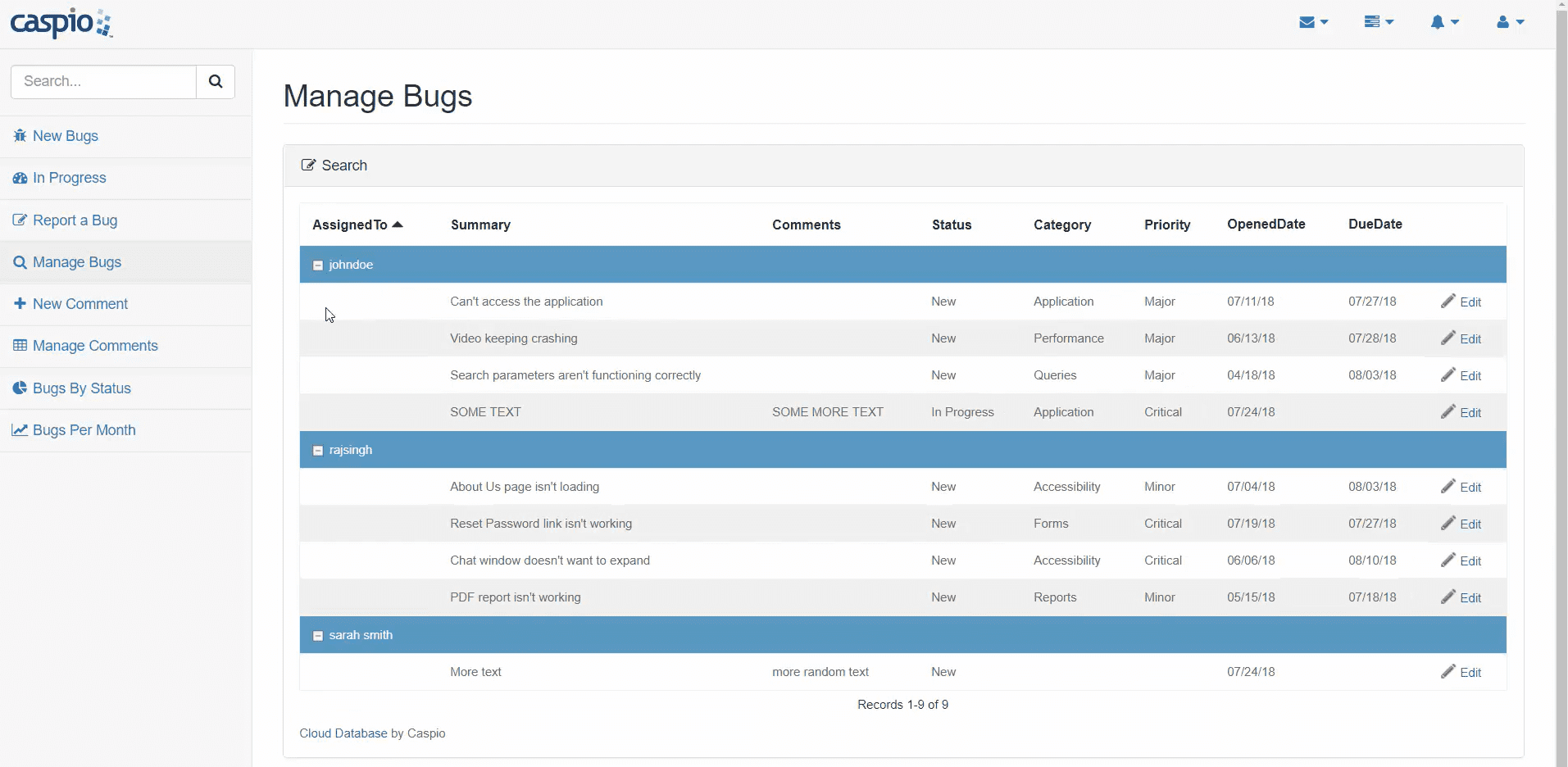 Screenshot of a sample of an app made on Caspio. It is opened at the sample tab “Manage Bugs”.