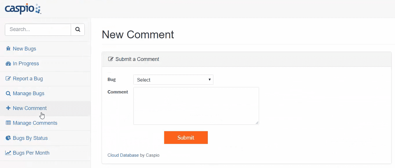 Screenshot of a sample of an app made on Caspio. It is opened at the sample tab “New Comment”.
