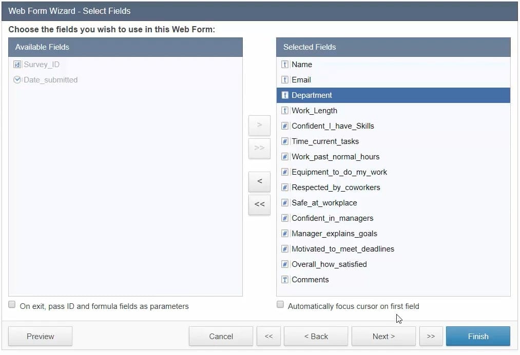 Screenshot of the “Web Form Wizard – Select Fields” menu.