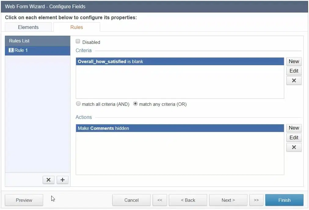 Screenshot of the “Web Form Wizard – Configure Fields” menu. It shows the “Rules” tab.