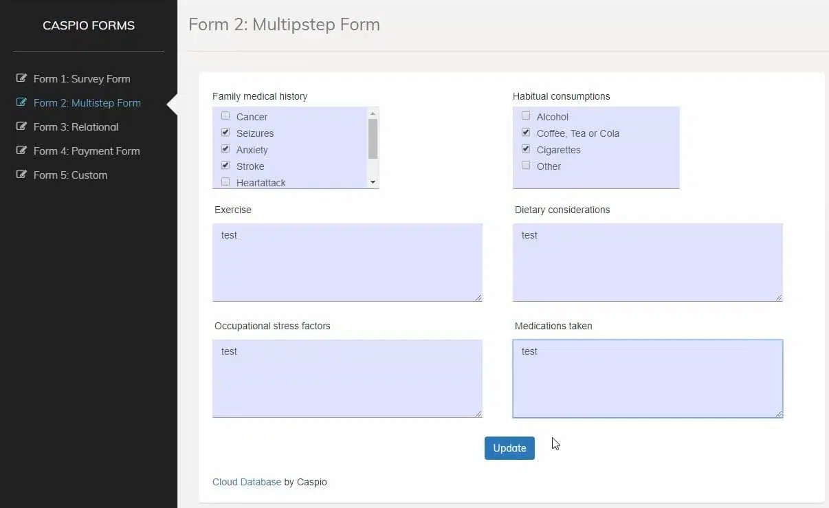Screenshot of a sample completed survey form made on Caspio. It shows different fields that users can fill out, including a checklist and paragraph fields.