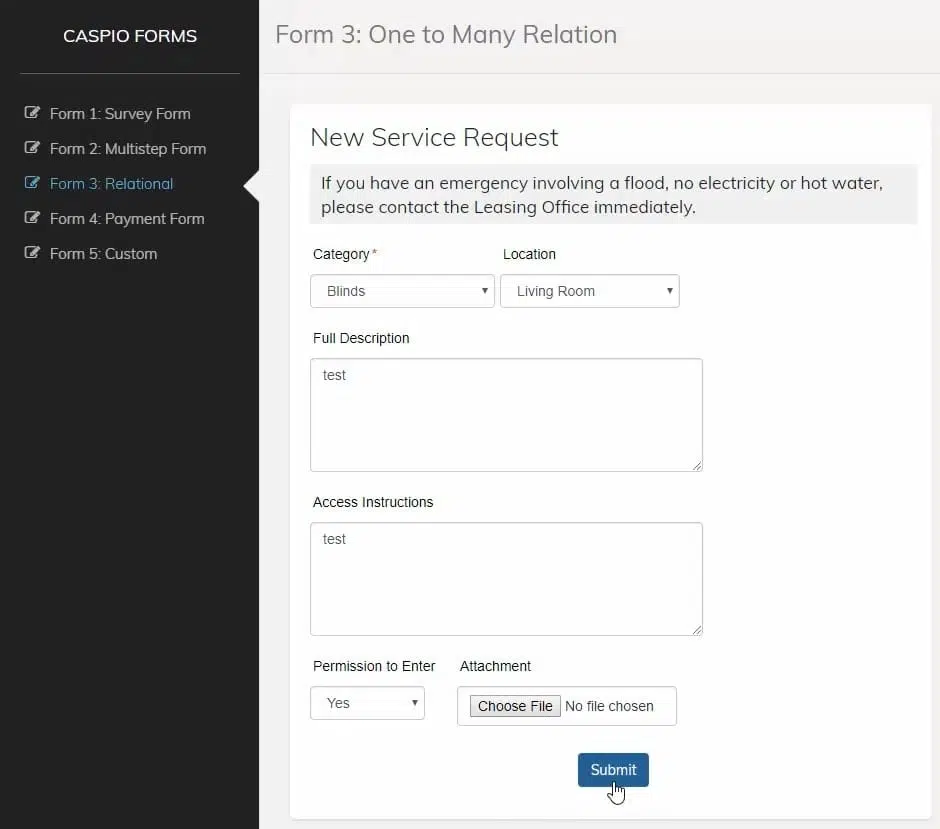 Screenshot of a sample “New Service Request” submission form made on Caspio. It shows fields that users will fill out to submit their requests.