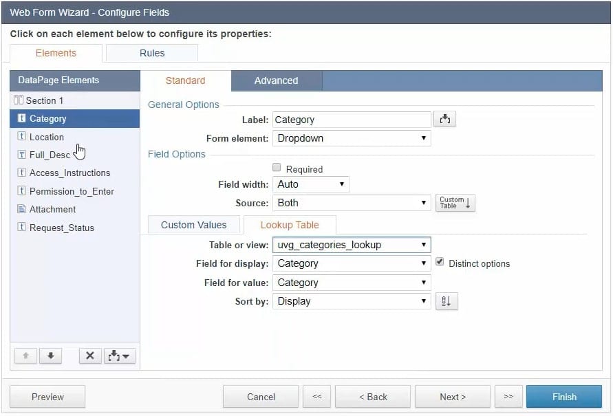 Screenshot of the “Web Form Wizard – Configure Fields” menu. Under the “Elements” section, it is opened at the “Standard” tab.