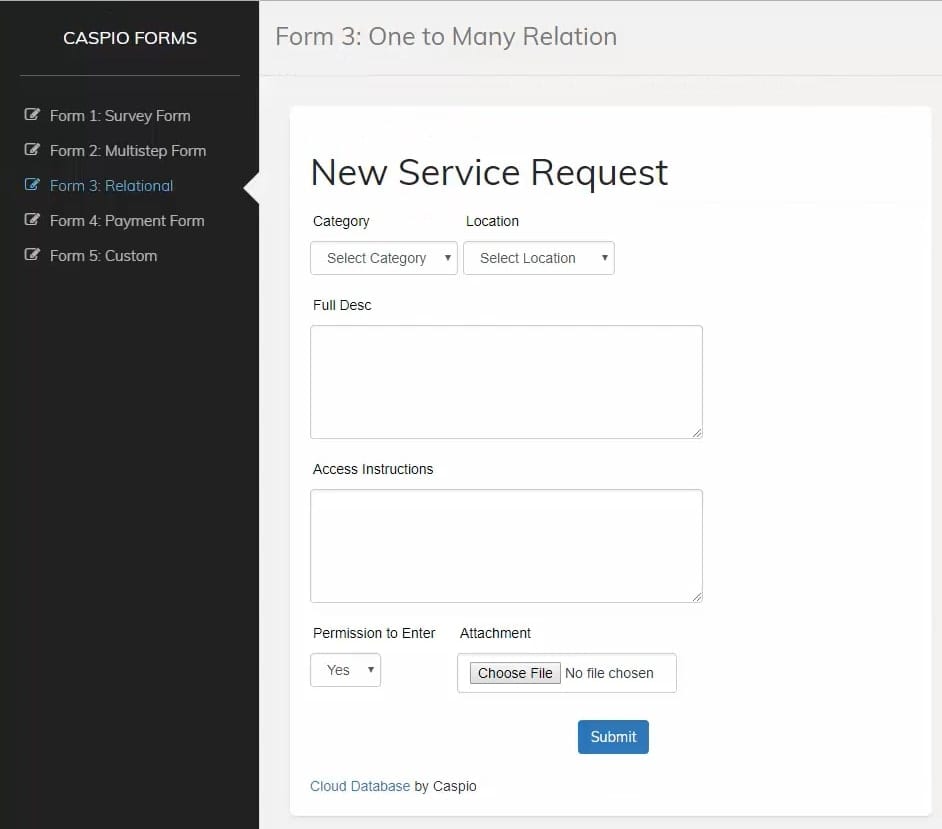 Screenshot of a sample completed “New Service Request” form made on Caspio.