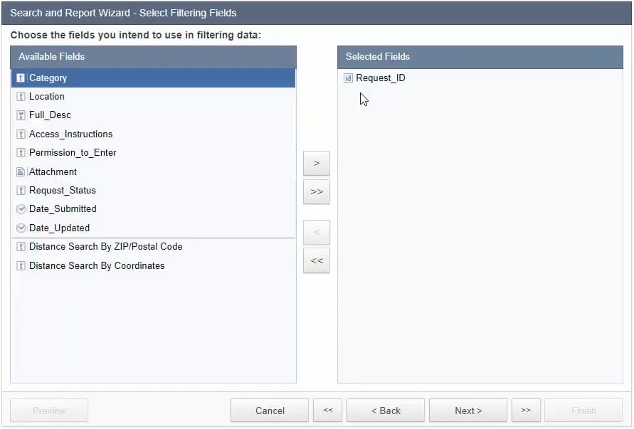 Screenshot of the “Search and Report Wizard – Select Filtering Fields” menu.